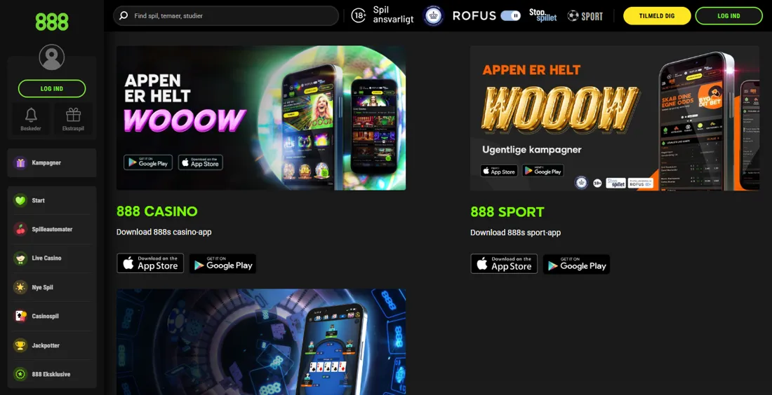 888casino.dk-siden om apps med 888 Casino, 888 Sport og 888 Poker, hver med knapper til App Store og Google Play