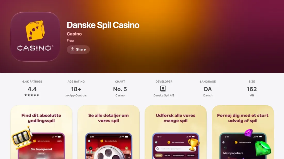 Danske Spil Casino i den danske App Store: 4,4 fra 6.400 vurderinger, nummer 5 på listen over casino-spil, dansk sprog og 162 MB