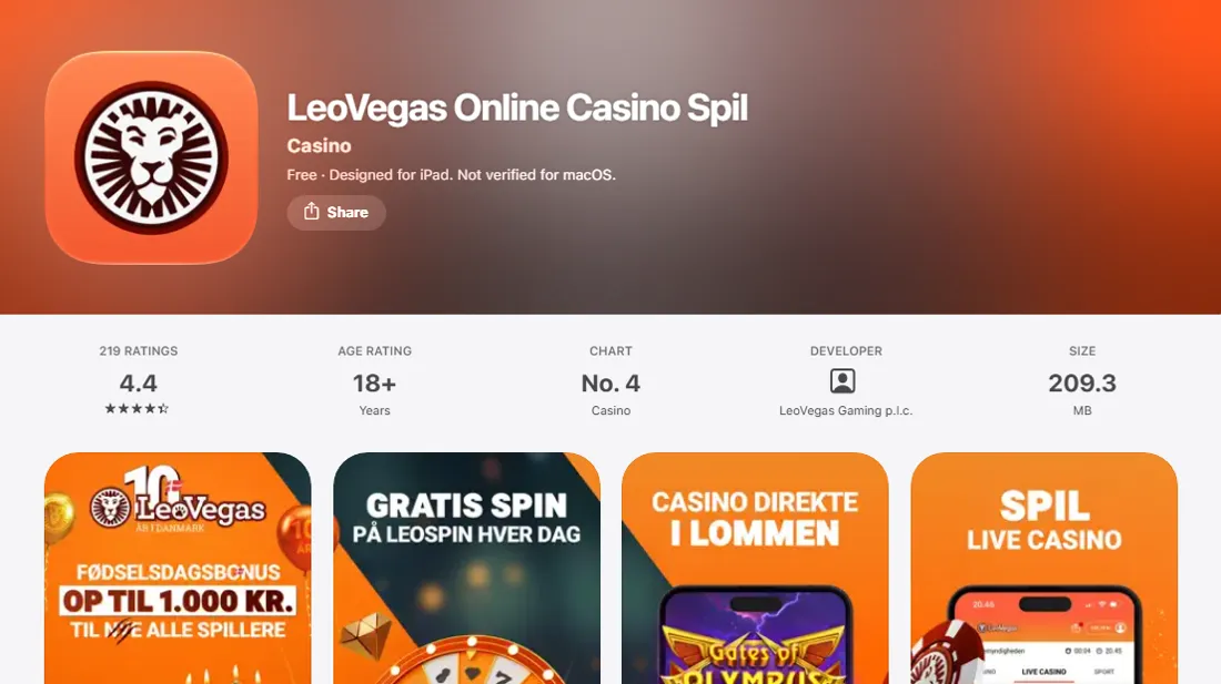 LeoVegas Online Casino Spil i den danske App Store: 4,4 fra 219 vurderinger, nummer 4 blandt casino-spil og 209,3 MB