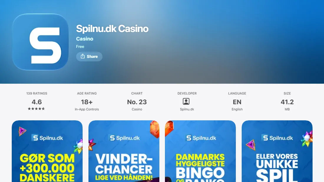 Spilnu.dk Casino i den danske App Store: 4,6 fra 139 vurderinger, nummer 23 blandt casino-spil og 41,2 MB
