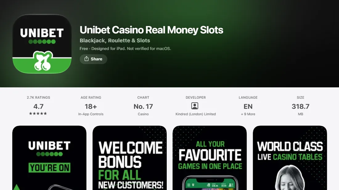 Unibet Casino i den danske App Store: 4,7 fra 2.700 vurderinger, nummer 17 blandt casino-spil, udvikler Kindred (London) Limited og 318,7 MB