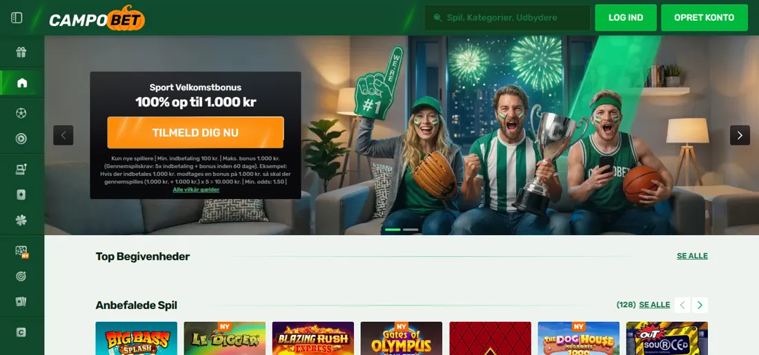 Forsiden af campobet.dk med velkomstbonus til sport på 100 % op til 1.000 kr. og knappen Tilmeld dig nu