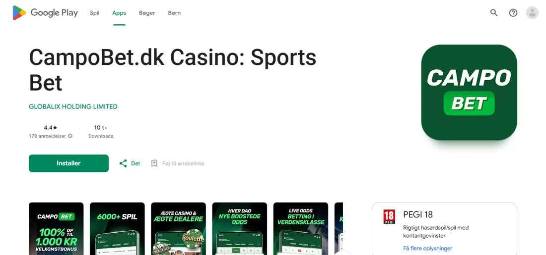 CampoBet.dk Casino i den danske Google Play med udvikleren GLOBALIX HOLDING LIMITED, 4,4 stjerner og over 10.000 downloads