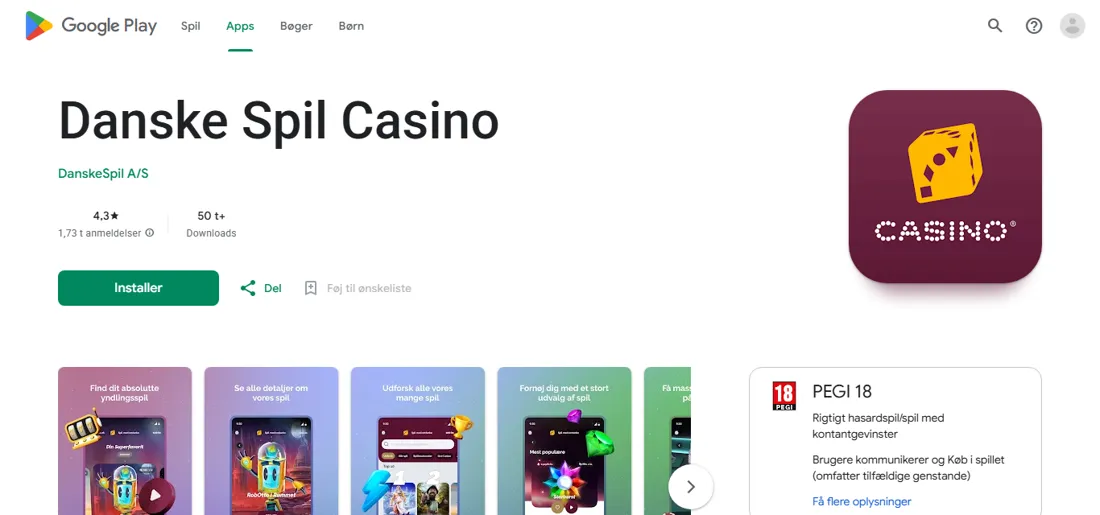 Danske Spil Casino i den danske Google Play: udvikler DanskeSpil A/S, 4,3 stjerner fra 1.730 anmeldelser og over 50.000 downloads