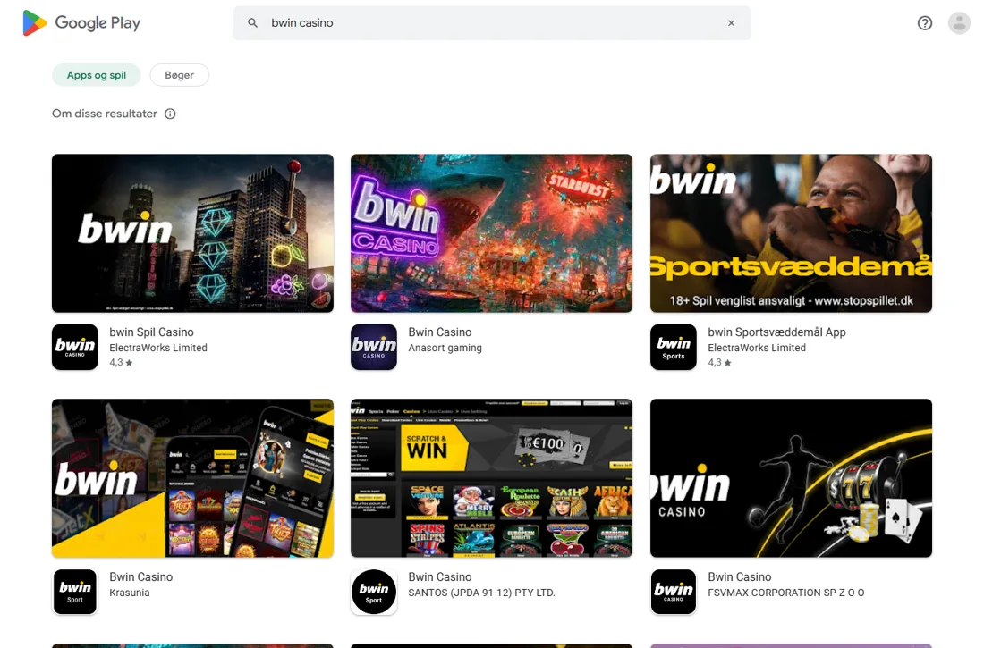 Søgning på bwin casino i den danske Google Play: den rigtige app fra ElectraWorks Limited mellem apps fra andre udgivere med bwin i navnet