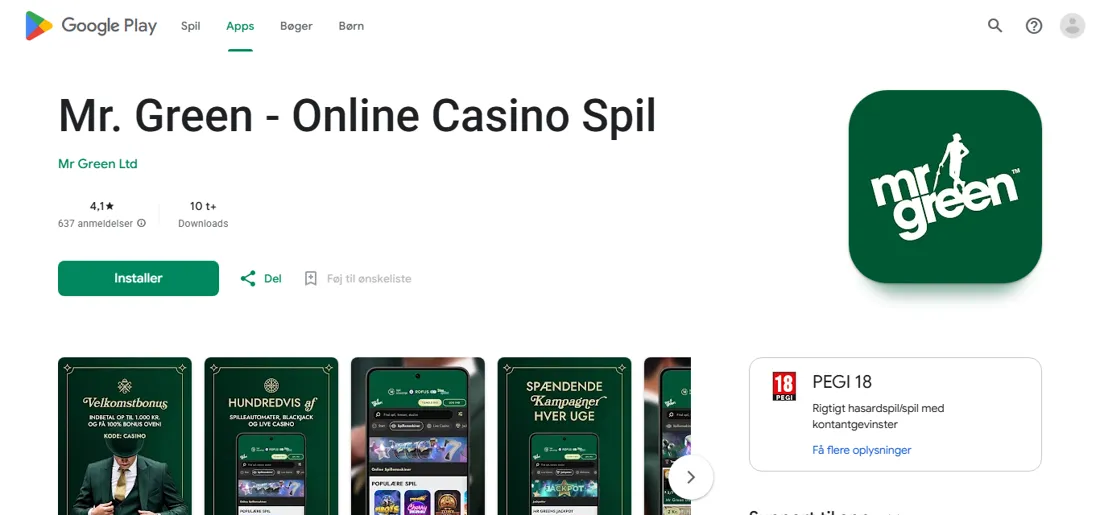 Mr. Green - Online Casino Spil i den danske Google Play: udvikler Mr Green Ltd, 4,1 stjerner fra 637 anmeldelser og over 10.000 downloads
