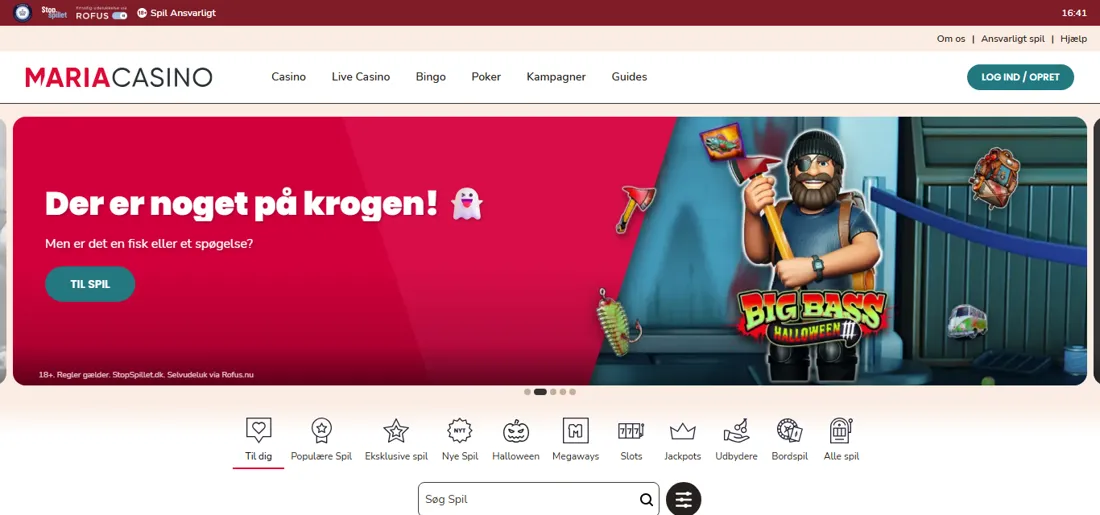 Forsiden af mariacasino.dk med menuen Casino, Live Casino, Bingo, Poker og Kampagner og et banner for en spillemaskine