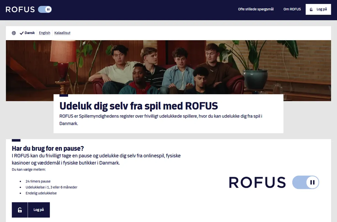 Forsiden af rofus.nu: Udeluk dig selv fra spil med ROFUS og valgene 24 timers pause, udelukkelse i 1, 3 eller 6 måneder og endelig udelukkelse