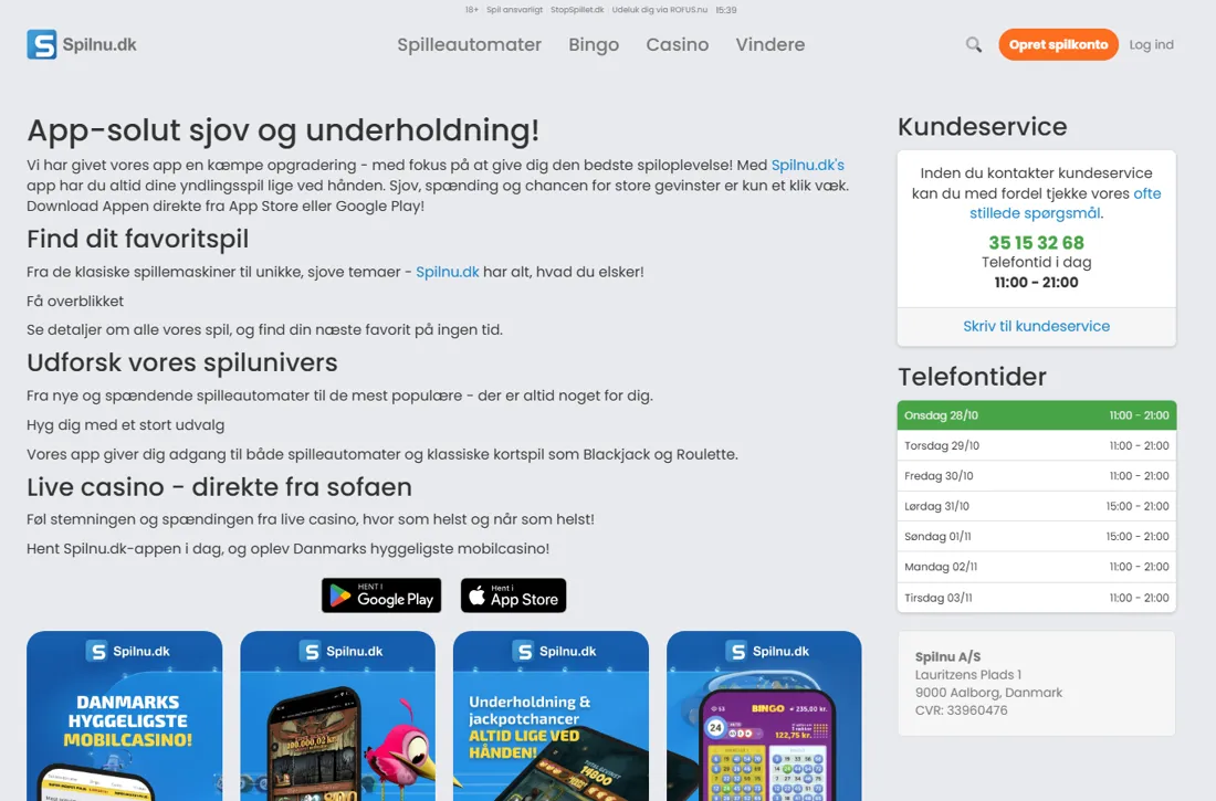 Spilnu.dk-siden om appen med overskriften App-solut sjov og underholdning og afsnittet Live casino direkte fra sofaen