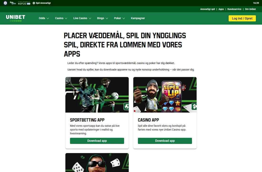 Unibets side om apps på unibet.dk med en sportsbetting-app og en casino-app, hver med sin knap til download