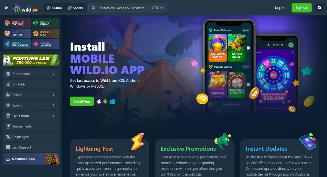 Wild.io-siden Install Mobile Wild.io App med knappen Install App og ikoner for iOS, Android og Windows