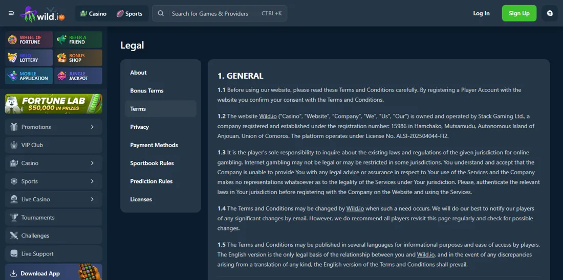 Vilkårene på wild.io punkt 1.2: Stack Gaming Ltd. registreret i Anjouan, Comorerne, med licens ALSI-202504044-FI2